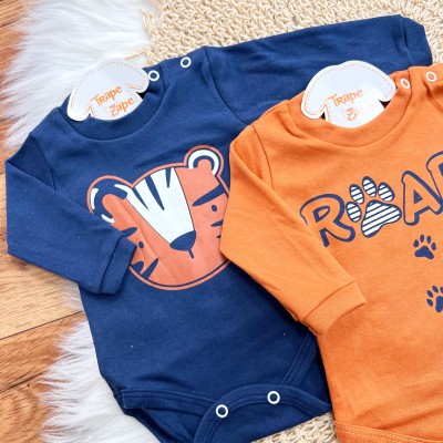 Kit 3 Peças - Bodys Manga Longa Tigre Roar - Ferrugem, Marinho e Listrado